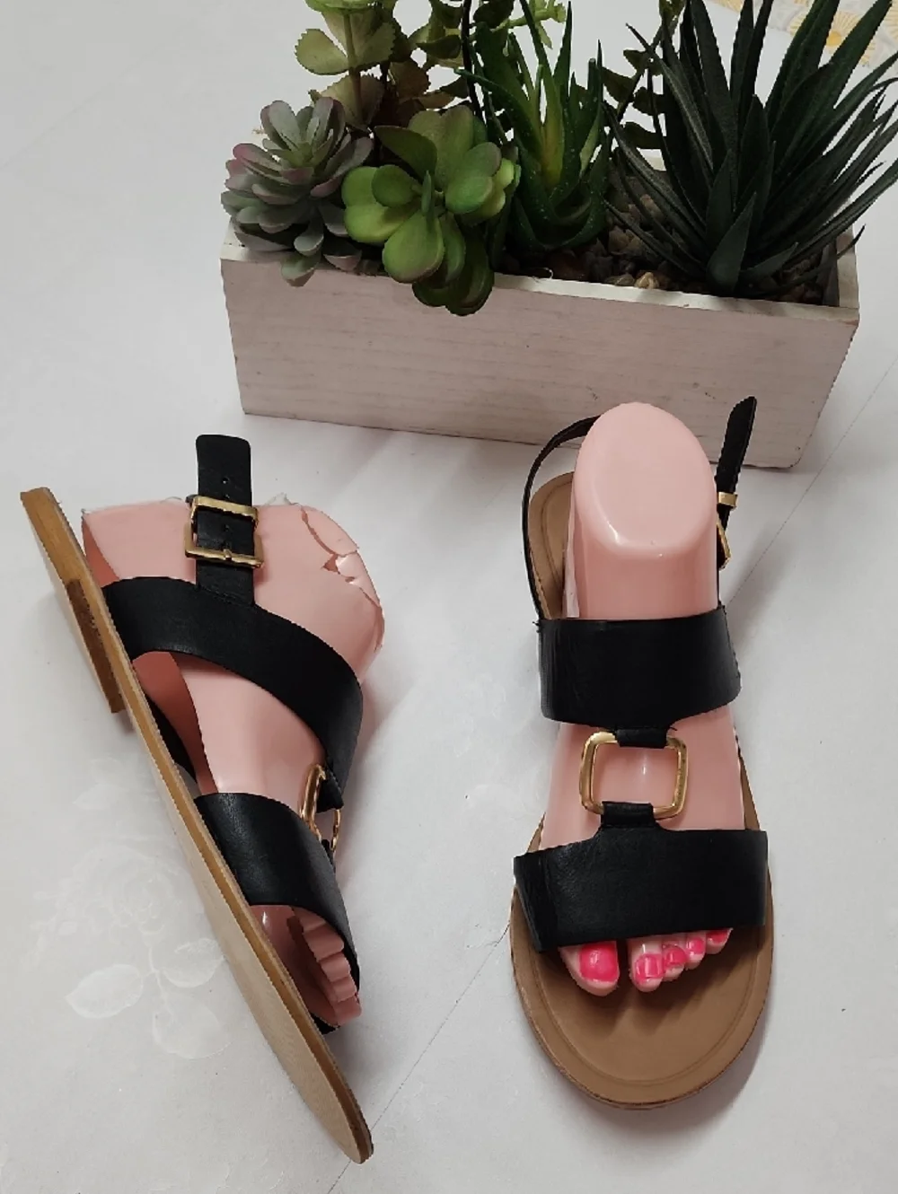 Black Strappy Women's Sandals with Gold Buckle